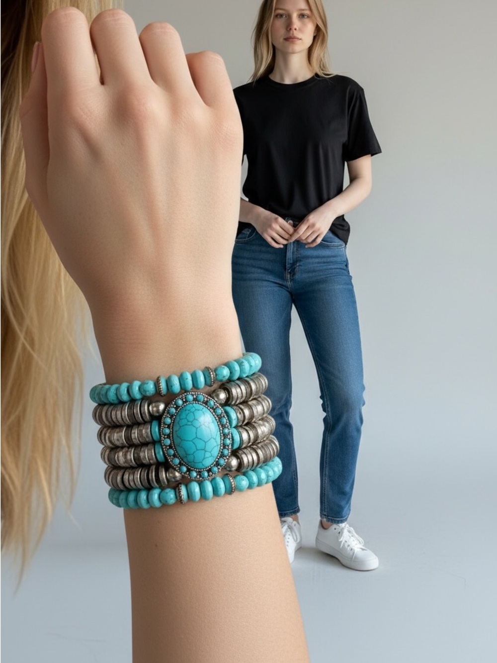 9/23 Turquoise Beaded Statement Cuff Bracelet - Women Jewelry